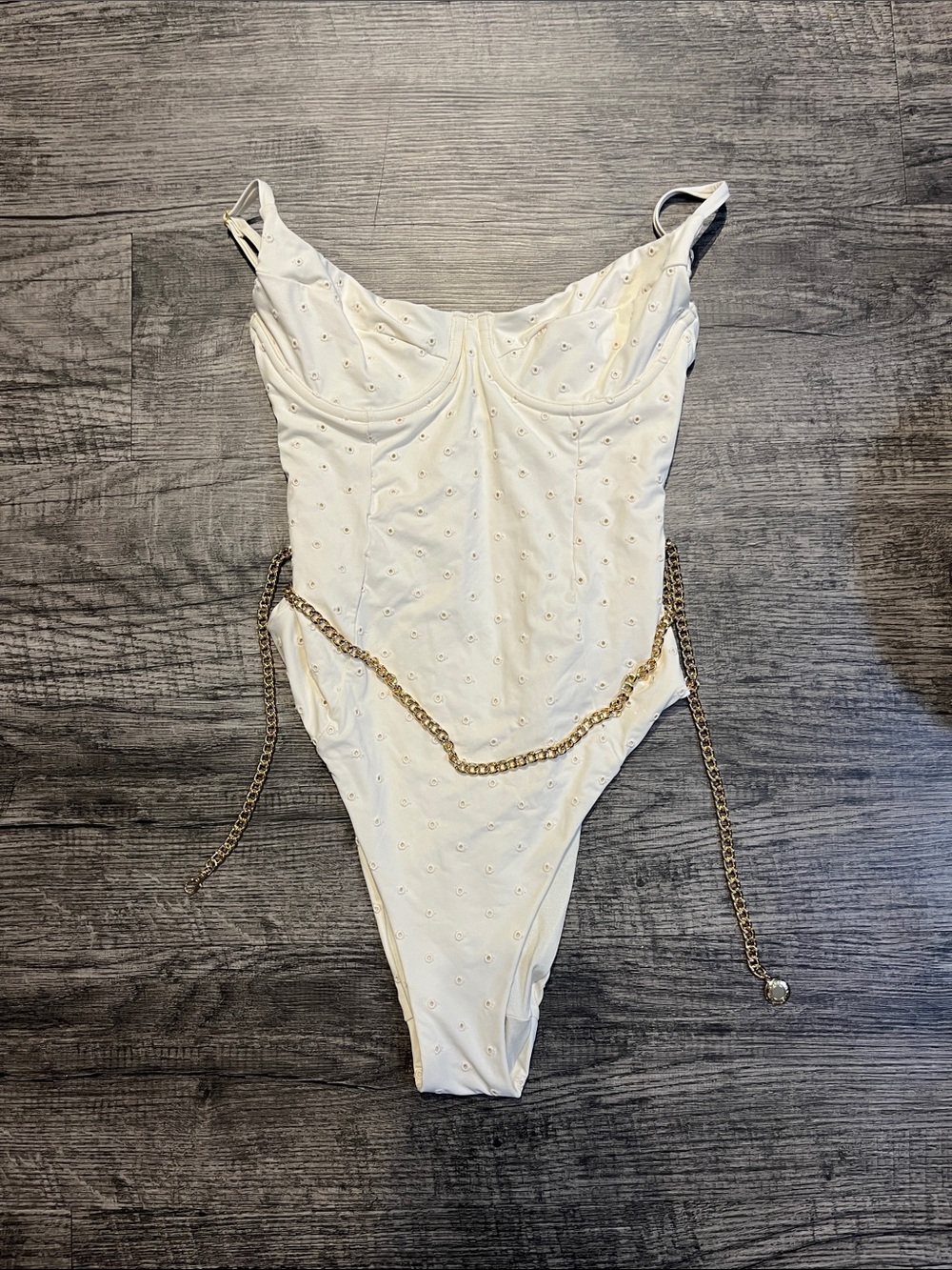 We Wore What White Embellished One-Piece swimsuit with Gold Chain